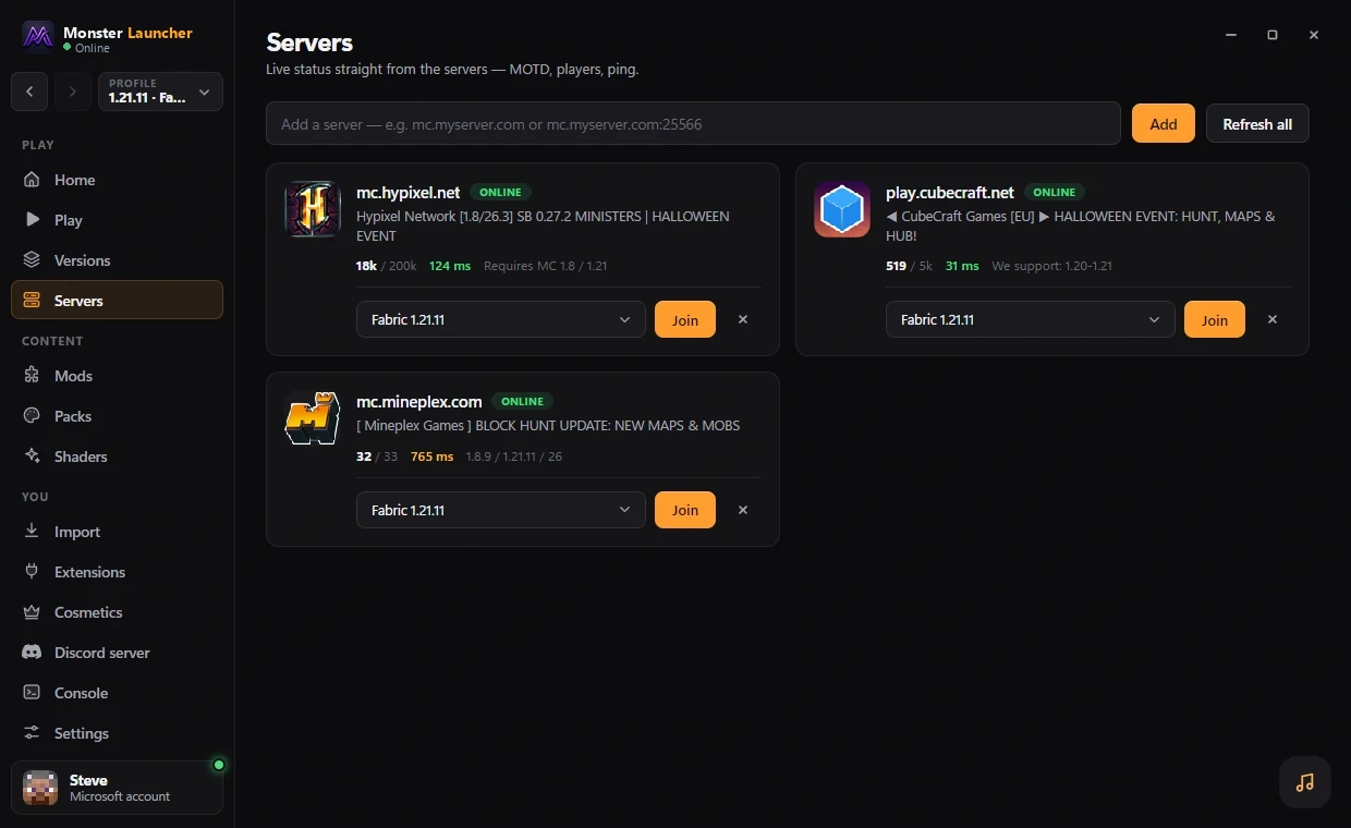 Monster Launcher — Servers